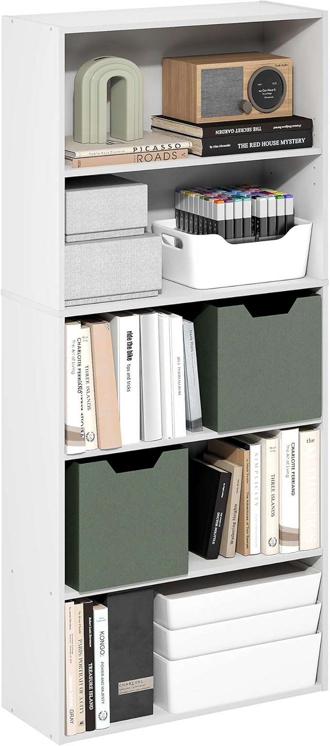 Furinno Jaya Book Shelf, 5-Tier Bookshelf, 52 Inch Tall Standing Bookcase with Adjustable Shelf, 9.5 x 23.6 x 52.6, for Home Office, Bedroom, Living Room, White