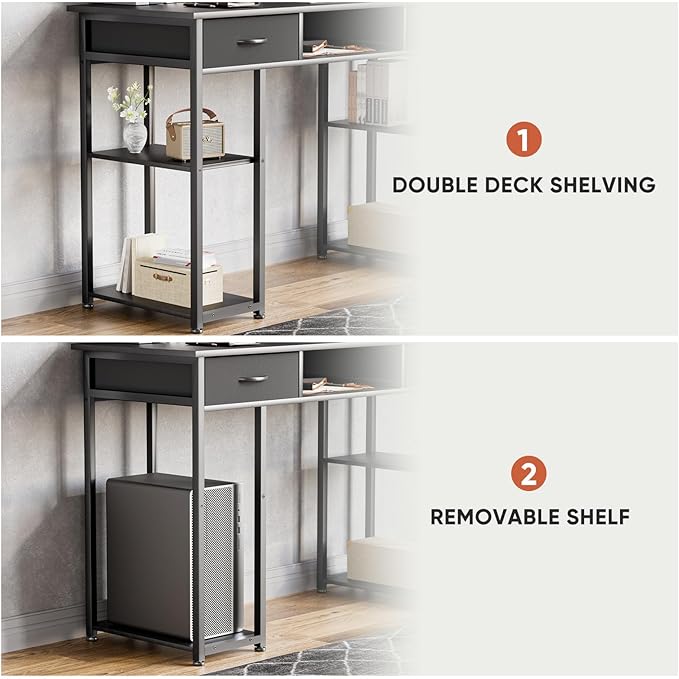 DUMOS 48" Small Computer Home Office Desk for Bedroom with Drawers, Gaming Writing Study Table with Storage Shelf, Adjustable Feet, Metal Frame Black