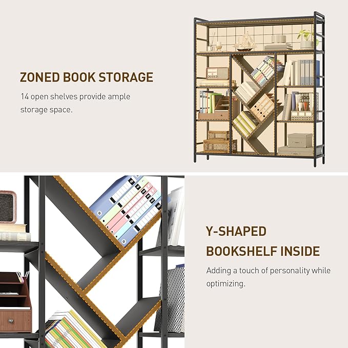 Triple 5-Tier Bookshelf, Industrial Large Wide Bookcase with 14 Open Display Shelves, Modern Tree Bookcase Metal Frame Bookshelf with Hanging Function for Living Room Home Office, Black