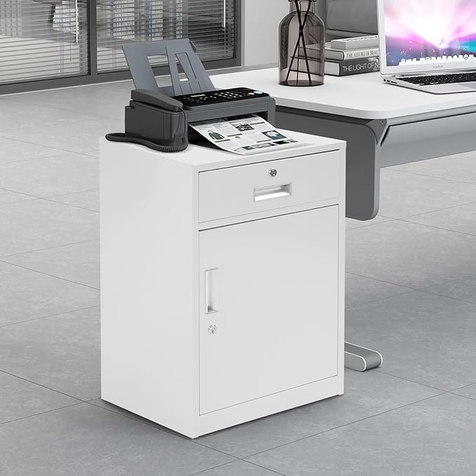 Metal Storage Cabinet with Lock, Under Desk Office Cabinet, Vertical File Cabinet, Printer Stand, Locking Filing Cabinet for Home Office, White