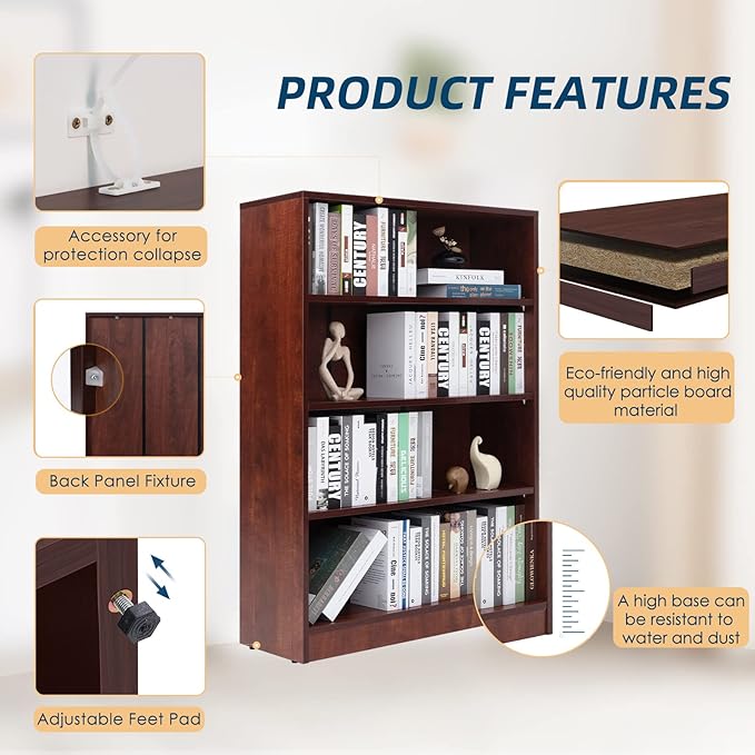 Farini Cherry Bookshelf for Bedroom 4 Shelf Office Bookcase 48 Inches Tall Modern Wood Bookshelf for Living Room 4 Tier Wide Manga Books