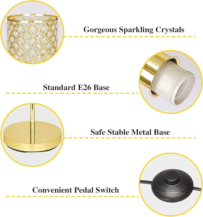 Gold Floor Lamp, Crystal Floor Lamp with Decorative Shade, Standing Lamp with On/Off Foot Switch & E26 Base, Modern Floor Lamps Corner Tall Pole Light for Living Room, Girls Bedroom, Dresser, Office