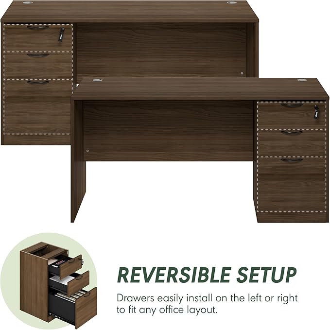 Furinno Roger 60 Inch Executive Desk with File Cabinet, Home Office Desk with 3-Drawer Fixed Pedestal Filing Cabinet, Desk Cord Grommet, for Home Office, Modern Walnut