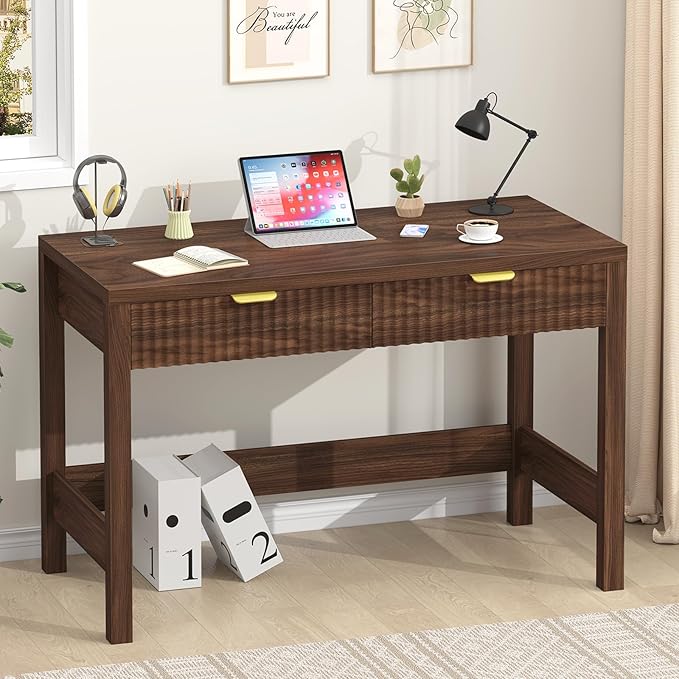Fluted Computer Desk with 2 Drawers, 39 Inch Small Computer Desk with Storage, Compact Writing Study Desk for Small Spaces, Walnut