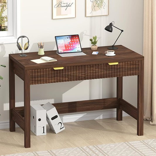 Fluted Computer Desk with 2 Drawers, 39 Inch Small Computer Desk with Storage, Compact Writing Study Desk for Small Spaces, Walnut