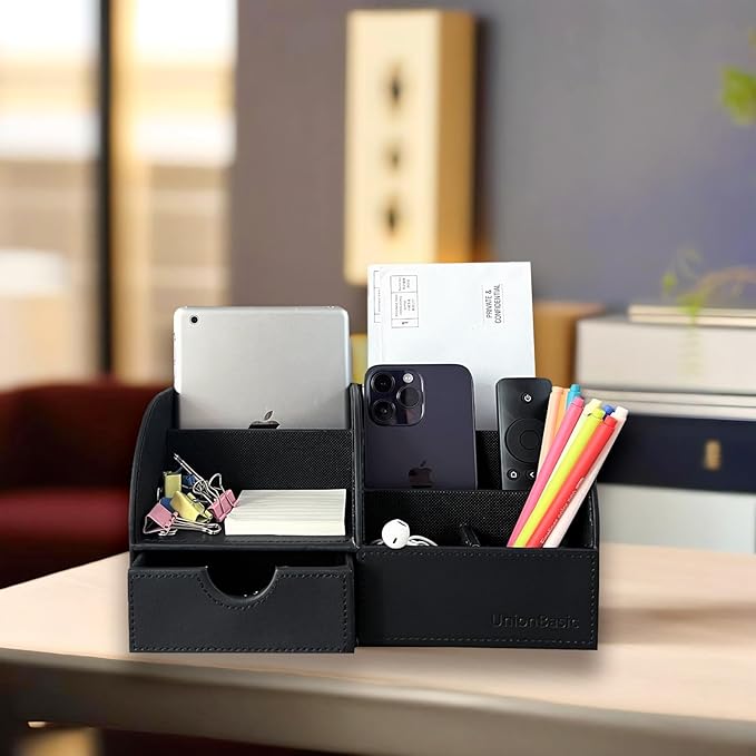 UnionBasic Desk Organizer - Multifunctional Leather Desktop Pen Holder Storage Box - Business Card/Pen/Pencil/Mobile Phone/Stationery Holder, Black