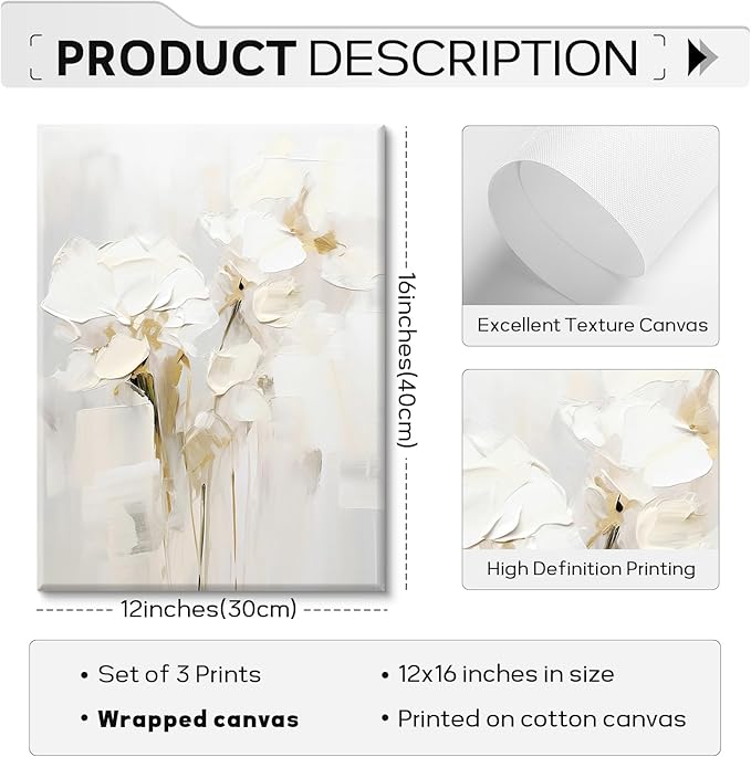 Neutral Wall Art Abstract Floral Canvas Pictures Beige Flower Wall Decor Modern Painting Minimalist Poster Abstract Botanical Prints White Artwork for Bedroom Living Room 12x16x3 Inch Ready to Hang