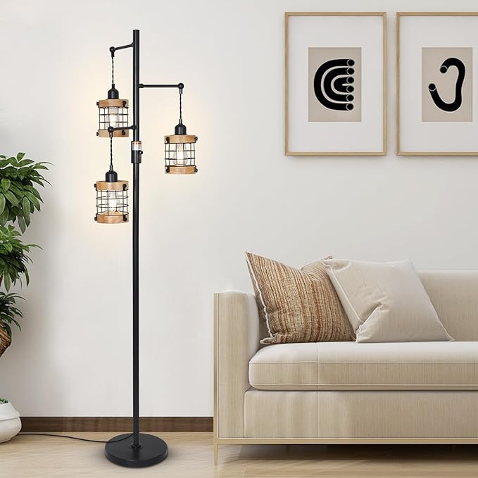 Airposta Vintage Wood Floor Lamp for Bedroom, Dimmable Floor Lamps for Living Room, Industrial Standing Lamp Farmhouse Tall Lamp for Office Home, Rustic Corner Floor Lamp Metal Black Pole Lamp