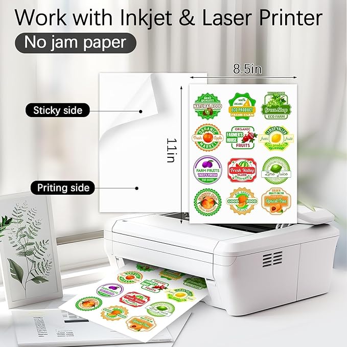 QYH Printable Sticker Paper for Printer - Matte Waterproof White Vinyl, 160 Sheets 8.5x11in Bulk Stickers for Small Business/Home, Compatible with Cricut/Silhouette & Inkjet/Laser Printers
