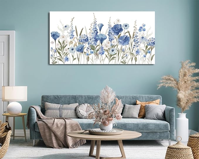 arteWOODS Elegant Flowers Wall Art - Blue White Botanical Pictures for Wall Decor Floral Blossom Canvas Painting Print Artwork for Living Room Bedroom Home Office Wall Decoration 29" x 58"