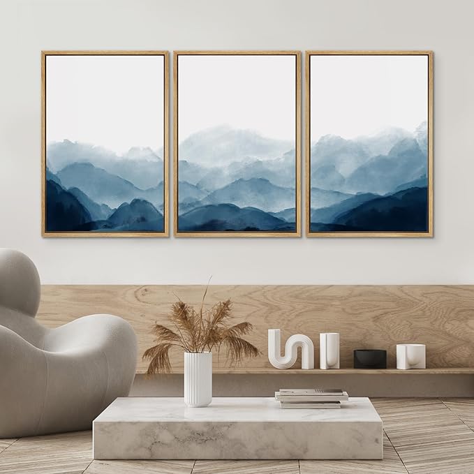 SIGNWIN Framed Canvas Print Wall Art Blue Watercolor Mountains in Fog Nature Wilderness Illustrations Modern Art Rustic Scenic Relax/Calm Cool for Living Room, Bedroom, Office - 24"x36"x3 Natural