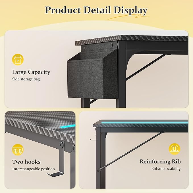 63 Inch Computer Desk with LED Lights, Office Desk for Home Office, Study Desk Writing Table with Storage Bag, Headphone Hook, Black