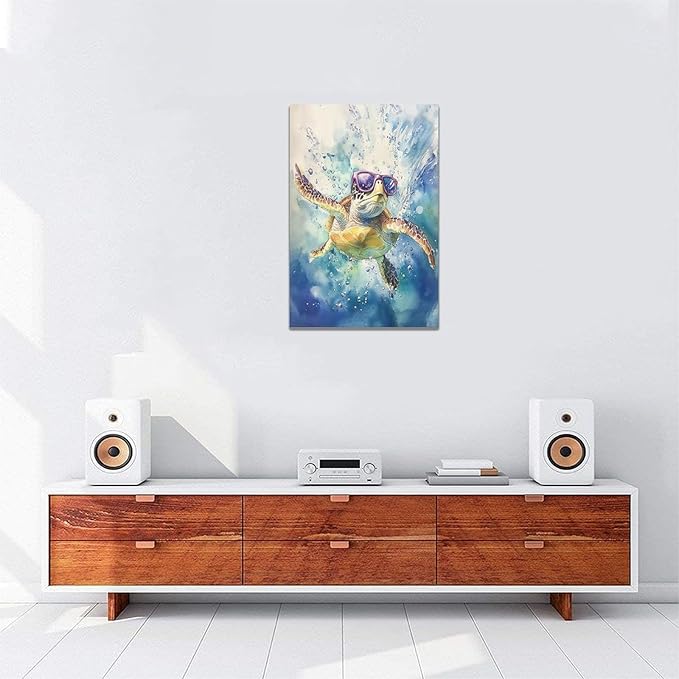 Sea Turtle Bathroom Decor Funny Turtle Ocean Bathroom Wall Art Sea Turtle Nautical Pictures Prints Turtles Gift Painting Sea Turtles Framed Artwork for Bedroom Living Room 16"x24"
