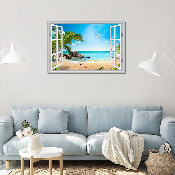 Large Beach Pictures Wall Art Canvas Print Artwork Blue Ocean Palm Tree Seascape Decor Living Room Bedroom Office with Framed 24 x36