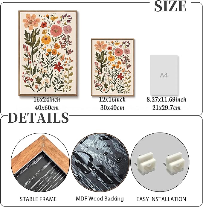 KISSFOX 3 Piece Boho Floral Canvas Wall Art For Bedroom Cottagecore Wild Flower Framed Wall Art Colorful Nature Modern Botanical Art Prints For Nursery Living Room,12x16 in