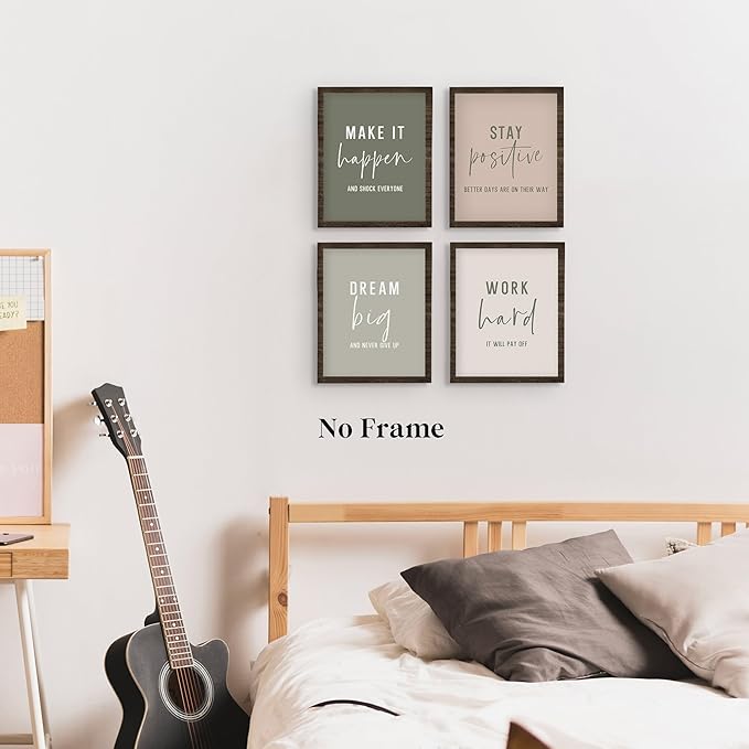 QLMX Office Inspirational Wall Art Prints Set of 4, Boho Motivational Make It Happen Stay Postive Prints Wall Decor for Office, Positive Quotes Poster for Home 8”x10” Unframed