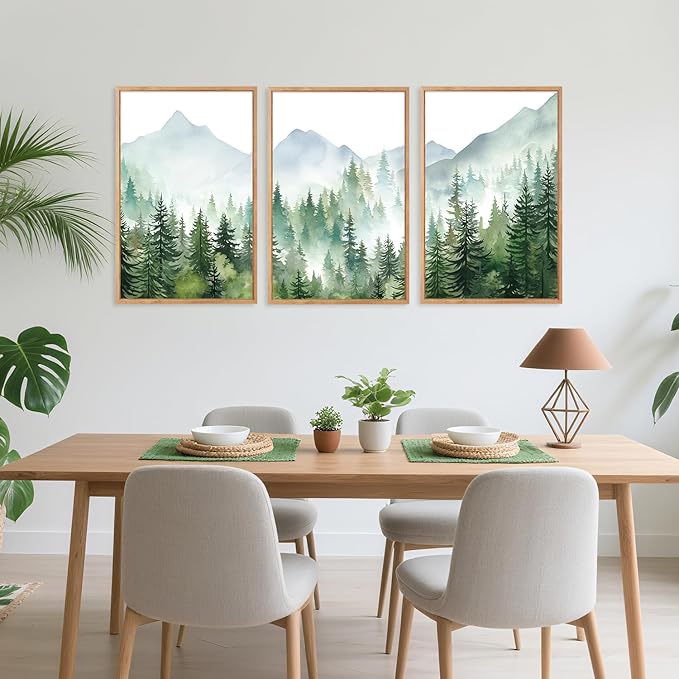 CHDITB Mountain Landscape Framed Canvas Wall Art(24"x36"), 3 Panels Boho Nature Forest Artwork Prints, Large Abstract Modern Green Pine Trees Art Decor for Bedroom Living Room Office