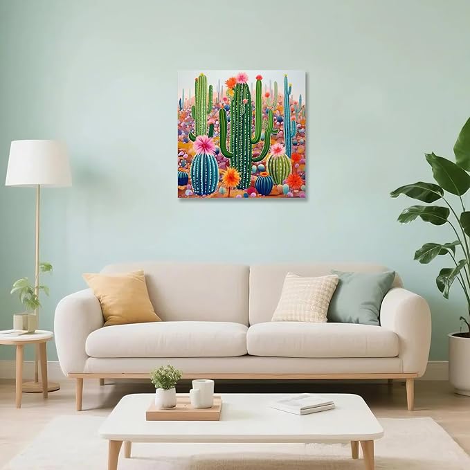 Goldfoilart Botanical Wall Art Framed Canvas - Boho Tropical Plant Print with Cactus & Succulents Green Floral Nature Artwork 24x24 Inch Ready to Hang for Bathroom Living Room Office