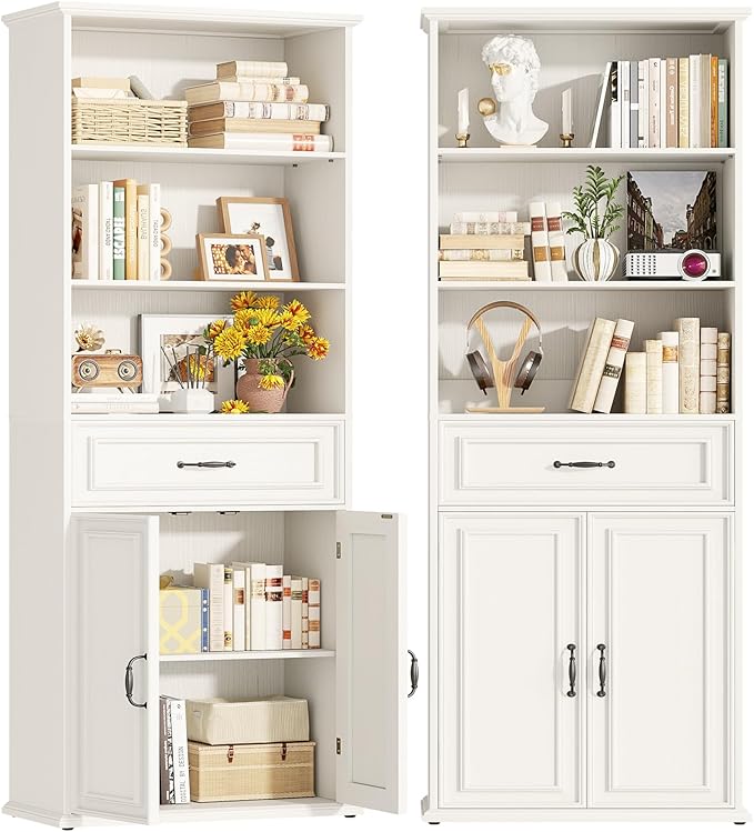 Cyclysio 80" Tall Bookcase Set of 2, Farmhouse 2 Set Bookshelves with Drawer and Doors, Floor Standing 6 Shelf Display Storage Cabinet for Home Office, Living Room (2, Antique White)