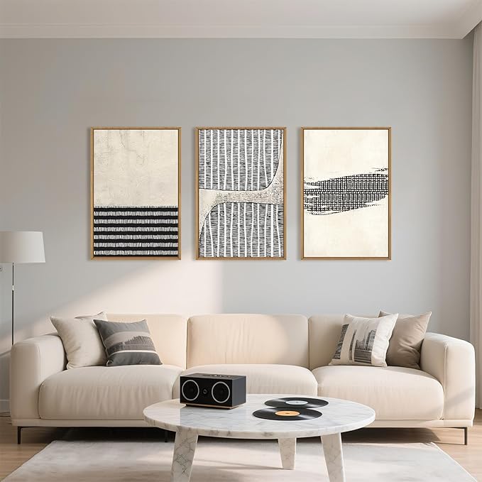 Large Abstract Black and Beige Framed Canvas Wall Art,Minimalist Dots Lines Wall Decor,Modern Geometric Shapes Artwork,Cozy Neutral Art Print for Living Room,Bedroom,Office,Home-16"x24"x3