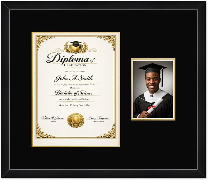 CountryArtHouse Fits 10 x 13 College Diploma (Portrait Traditional) and 5 x 7 Phot Diploma and Photo Frame Matte Black Genuine Hardwood with Black Over Metallic Gold Double mat