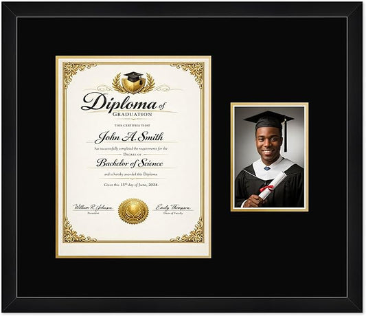 CountryArtHouse Fits 10 x 13 College Diploma (Portrait Traditional) and 5 x 7 Phot Diploma and Photo Frame Matte Black Genuine Hardwood with Black Over Metallic Gold Double mat