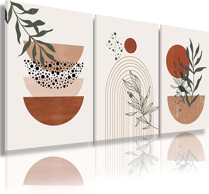 Boho Wall Art Prints, Boho Wall Decor, Abstract Geometric Prints Black Beige Terracotta Minimalist Art, Natural Framed Canvas Prints Artwork For Living Room Bathroom Bedroom Wall Decor