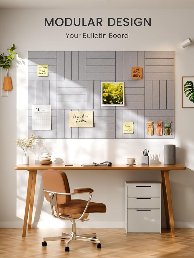 Bumusty Large Cork Board Alternative-48 x 36" Felt Bulletin Board Tiles, with 30 Pushpins, 70 Adhesive Tabs, 12-Pack Slat Wall Paneling, Cork Boards for Office Push Pin Board Felt Board-Soft Gray