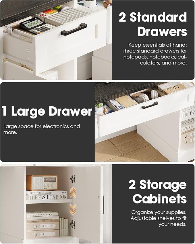 HOPUBUY Farmhouse Executive Desk with File Drawers,Wood Home Office Desk w/Charging Station,Adjustable Storage Cabinets,White Computer Writing Desk for Work,Study