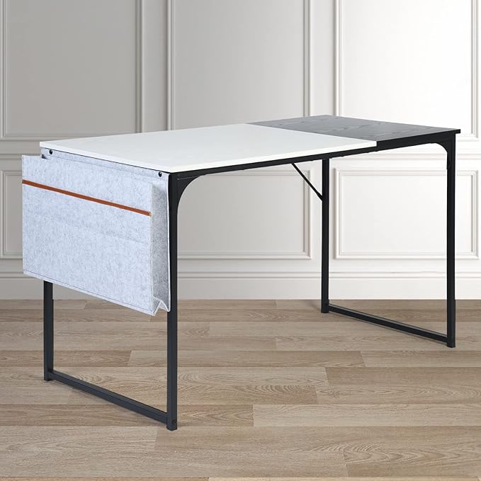 Homy Casa Inc 47 inch Study Storage Bag Space Saving for Home Office, Modern Simple Style PC Metal Frame Computer Desk, Writing Table, Black, White