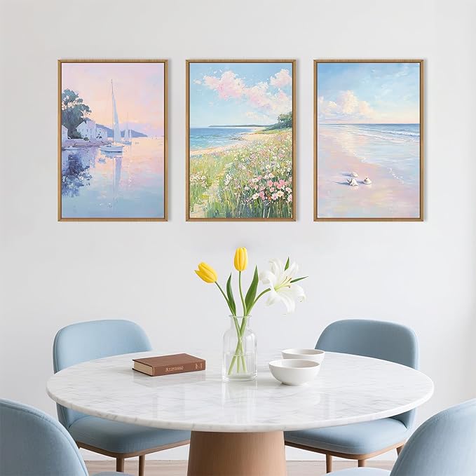 Aryroi Spring Pink Blue Coastal Wildflower Framed Canvas Wall Art Set,Watercolor Preppy Pastel Floral Sailboat Seascape Decor,Dreamy Colorful Soft Sunrise Beach Artwork for Living Room,Farmhouse- 24"x36"x3