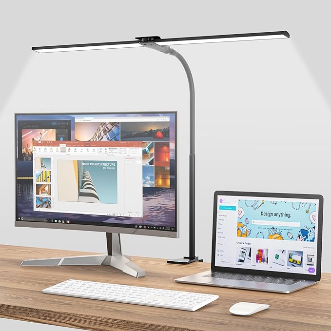 Double Head Clip On Desk Lamp, 1400lm Dimmable Gooseneck Architect Lamp with 5 Color Modes, Eye-Caring Task Light for Home Office,Workbench,Study, Black