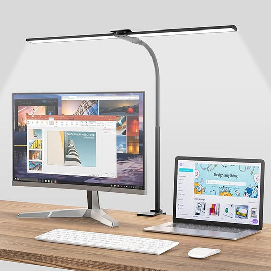 Double Head Clip On Desk Lamp, 1400lm Dimmable Gooseneck Architect Lamp with 5 Color Modes, Eye-Caring Task Light for Home Office,Workbench,Study, Black