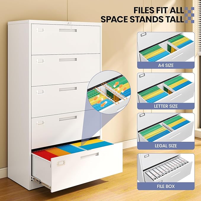 5 Drawer File Cabinet, White Metal Lateral File Cabinet with Lock, Office Filing Cabinet for Legal/Letter/A4/F4 Size with Hanging Files, Lockable File Cabinets for Home Office