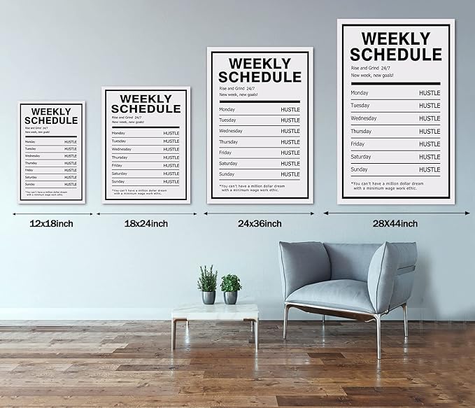 Weekly Schedule Inspirational Wall Art Motivational Entrepreneur Quote Painting Prints on Canvas Success Inspiring Hustle Posters Rise Grind Pictures Artwork Home Office Decor Framed (28" Wx44 H)