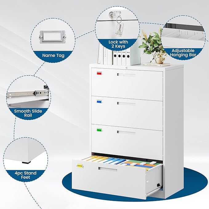 4 Drawer File Cabinet, Lateral Filing Cabinets for Home Office, Office Storage Drawers with Lock, Hanging Files Legal/Letter A4 Size (Assemble Required,White)