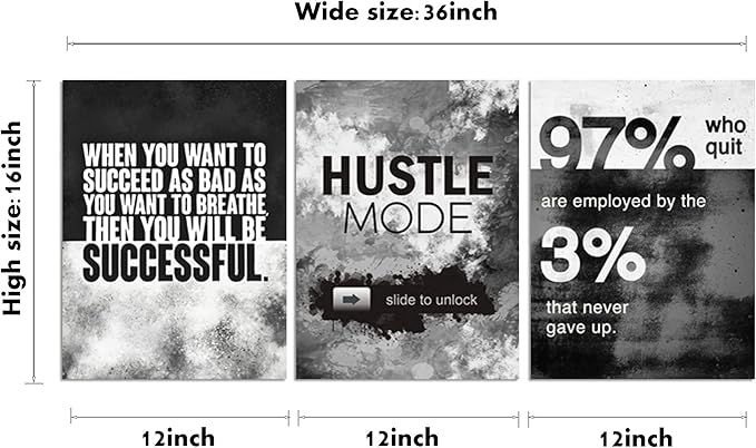 Motivational Office Wall Decor, Inspirational Canvas Wall Art, 3 Pieces Hustle Posters Prints Entrepreneur Success Quote Wall Decor for Lobby Meeting Room Hallway Living Room(36”Wx16”H)