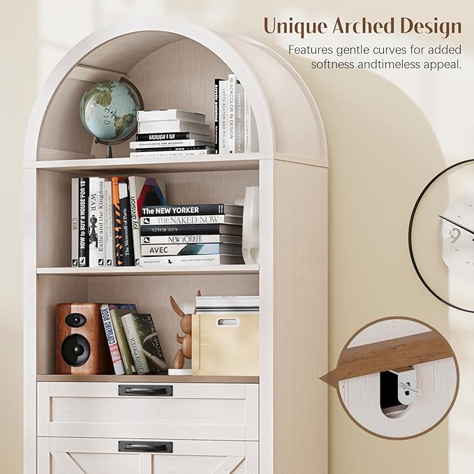 Arched Farmhouse File Cabinet with 2 Drawers for Legal, Letter, and A4 Size Hanging Files, Large Wooden File Cabinet for Home Office with Printer Stand and Bookshelf, Rustic White