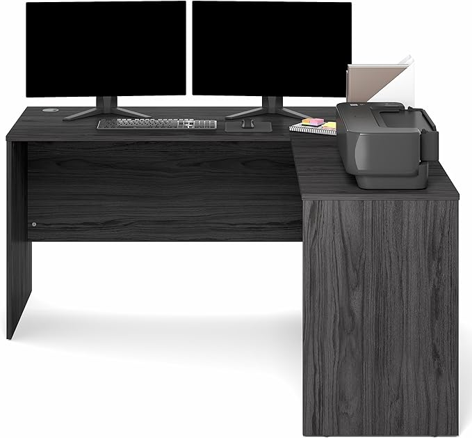 Furinno Roger 60 Inch L-Shaped Office Desk, Executive Desk with Reversible Desk Return, Modesty Panel, Desk Cord Grommet, Scratchproof, for Home Office, Coastal Grey