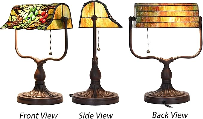 Bieye L10764 Grape Tiffany Style Stained Glass Banker Desk Lamp for Reading Working, 14-inches Tall