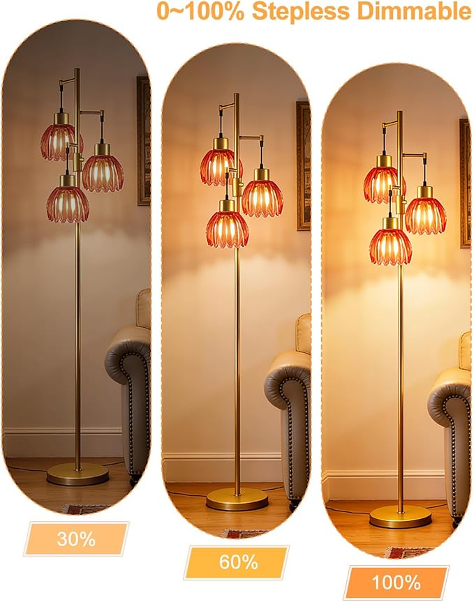 Lightdot 65'' Glass Floor Lamp Dimmable Gold with Deep Red Lotus Glass Shade & 3000K Bulbs Included 3-Lights Modern Tall Standing Lamp for Living Room/Bedroom/Sofa Beside/Corner Decor