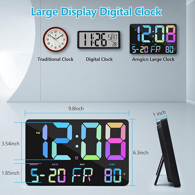 Amgico Digital Alarm Clock with Snooze, Temperature, Auto Dimming, 11.5" Large Display Calendar, Desk/Wall Clock for Bedroom, Living Room, Office, Home, Classroom,Elderly - Rainbow