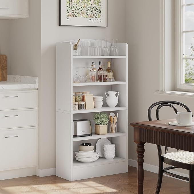 5-Shelf Multi-Functional Modern Wood Bookcase with Curved Design, Dust-Proof Baffle, and Sturdy Construction for Home Office, White