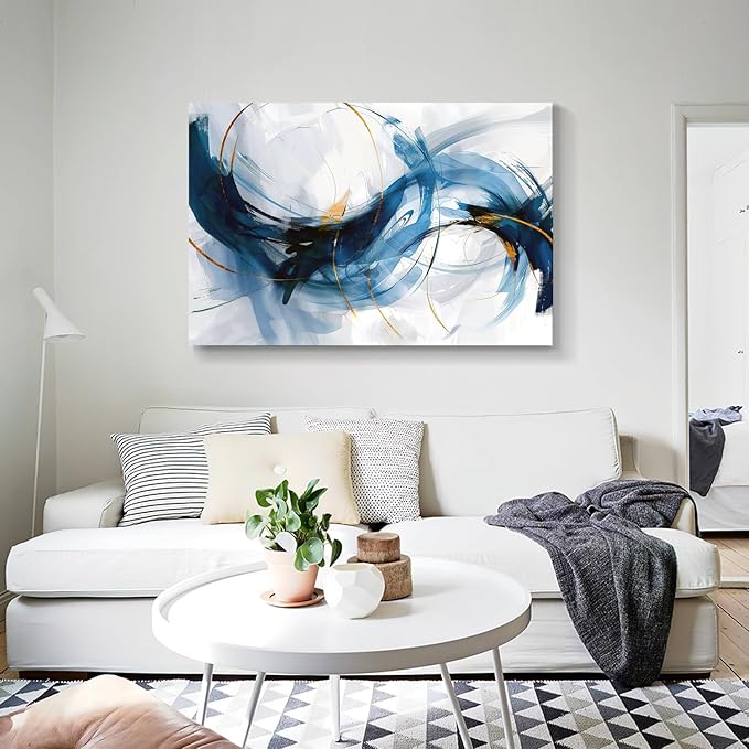 gaosoul Modern Abstract Canvas Wall Art Vibrant Blue Gold Lines Doodled on White Background Paintings Stylish Framed Minimalism Artwork Prints for Living Room Bedroom Office Decor 48x32in