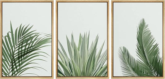 SIGNFORD Framed Canvas Print Wall Art Set Rustic Green Retro Tropical Jungle Plants Nature Wilderness Photography Modern Minimal Scenic Relax/Calm for Living Room, Bedroom, Office - 16"x24"x3 Natural