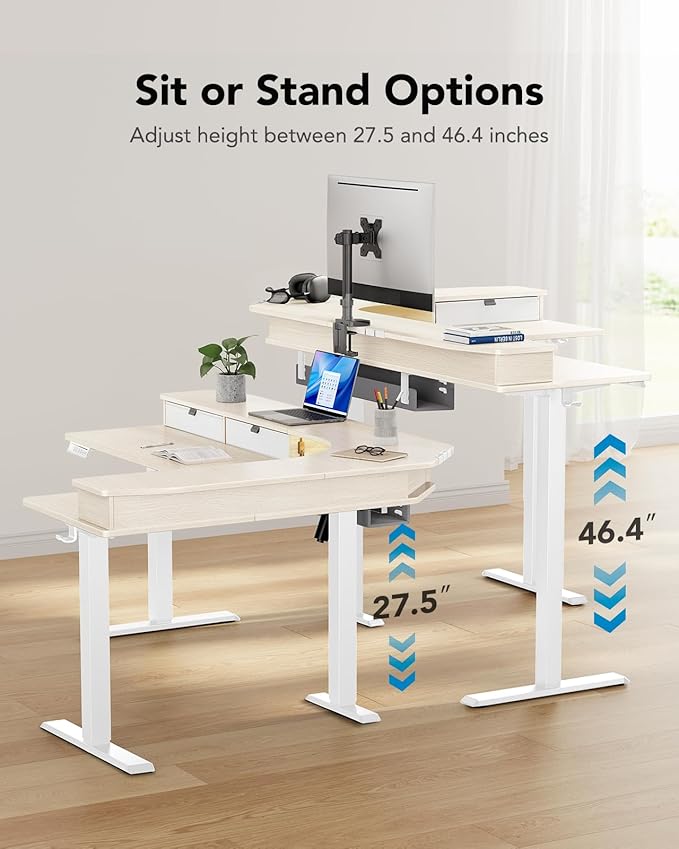 HUANUO 65″ L-Shaped Standing Desk with Power Outlets & LED Strip, Electric Height Adjustable Corner Computer Desk, Sit Stand Up Desk with 3 Drawers, Natural Wood