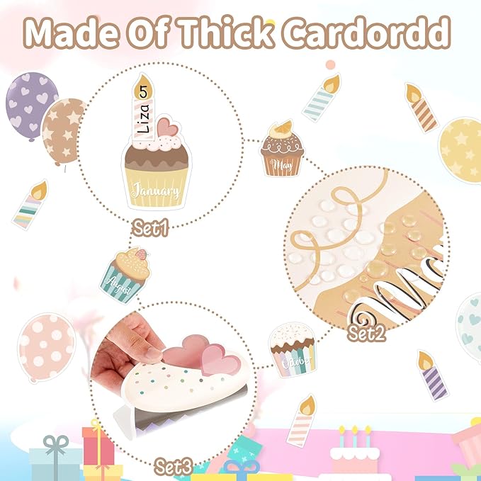 Leinuosen 45 Pieces Happy Birthday Bulletin Board Set Birthday Bulletin Board Decorations Classroom Chart Calendar Balloon Candle Cupcake Cutouts for Calendar Classrooms (Boho)