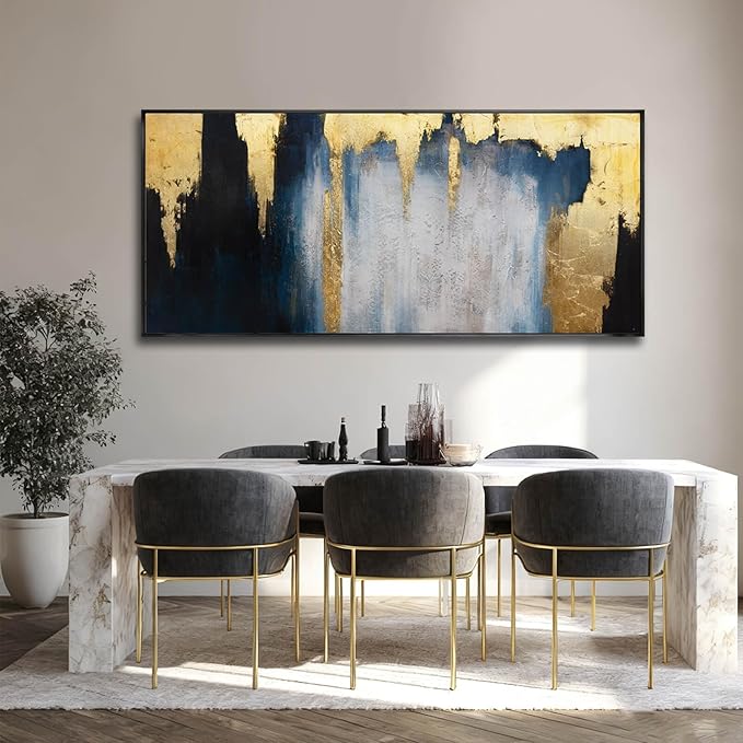 Modern Abstract Blue and Gold Framed Wall Art 32x70 Extra Large Canvas Painting Contemporary Artwork for Living Room Office Decoration