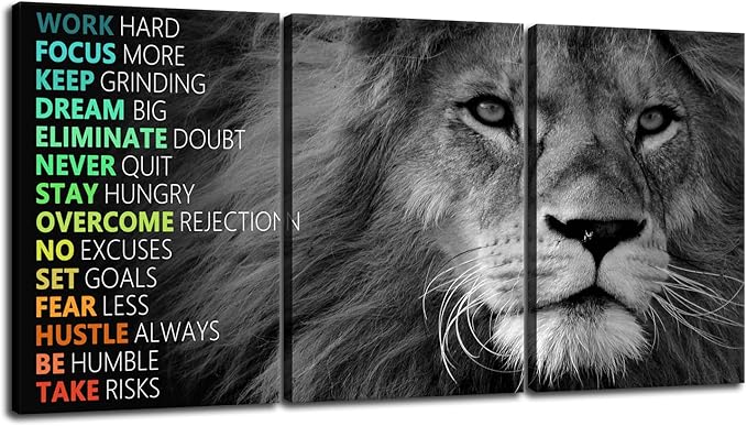 Motivational Lion Wall Art 3 Pieces Poster Inspirational Canvas Positive Wall Art Quotes Success Canvas Artwork Picture Print Framed for Home Office Living Room Gym Wall Decor [48''Wx 24''H]