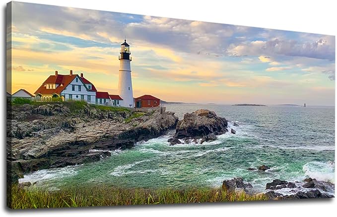 tigeridge Sunset Lighthouse Canvas Wall Art for Living Room Wall Decor Sunset Seascape Pictures Ocean Prints Nature Artwork Office Home Wall Decorations Framed Ready to Hang 24" x 48"